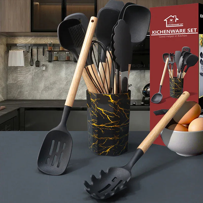 Gray 12-Piece Silicone Cooking Utensil Set - Non-Stick Food-Grade Kitchen Tools with Holder - Mekamart Australia