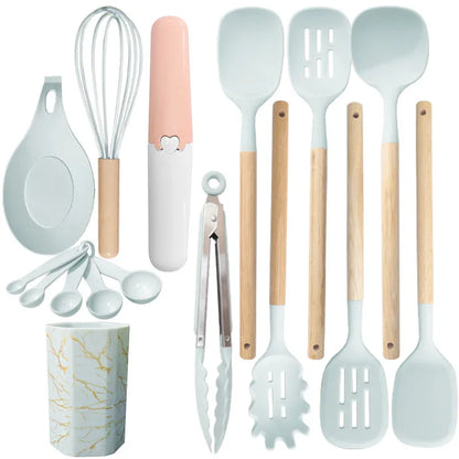 Morandi Green 12-Piece Silicone Cooking Utensil Set - Non-Stick Food-Grade Kitchen Tools with Holder - Mekamart Australia