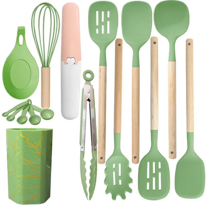 Bamboo Leaf Green 12-Piece Silicone Cooking Utensil Set - Non-Stick Food-Grade Kitchen Tools with Holder - Mekamart Australia