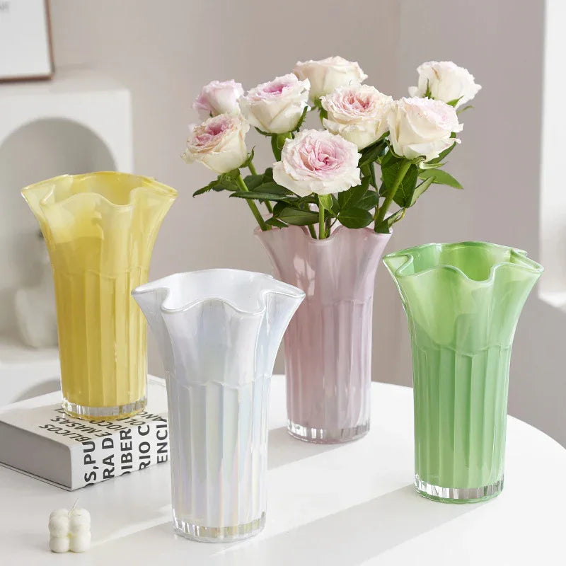 Nordic-Style Glass Vase - Elegant Fluted Flower Vase for Home Decor(Yellow) - Mekamart Australia