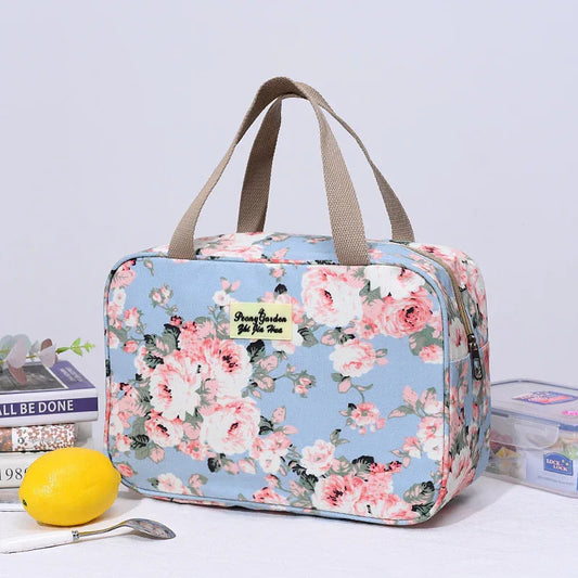Versatile Portable Handled Bag - Durable Waterproof Fabric, Ideal for Toiletries, Lunch & Travel(Light blue peony) - Mekamart Australia