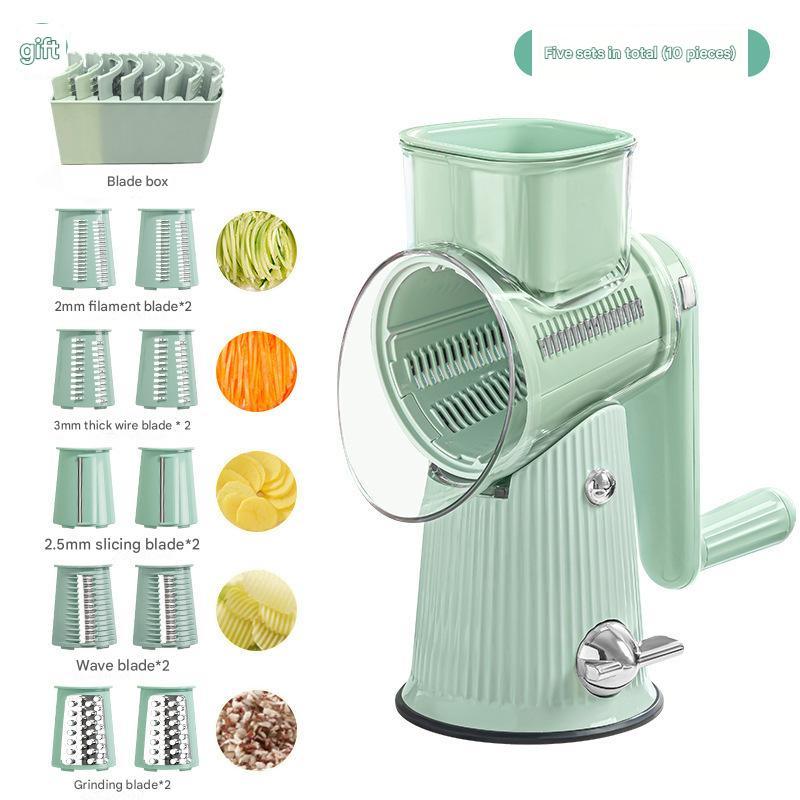 Multi-Function Rotary Vegetable Slicer & Grater - 5 Blade Types (10 Pcs Total) with Storage Box-green - Mekamart Australia