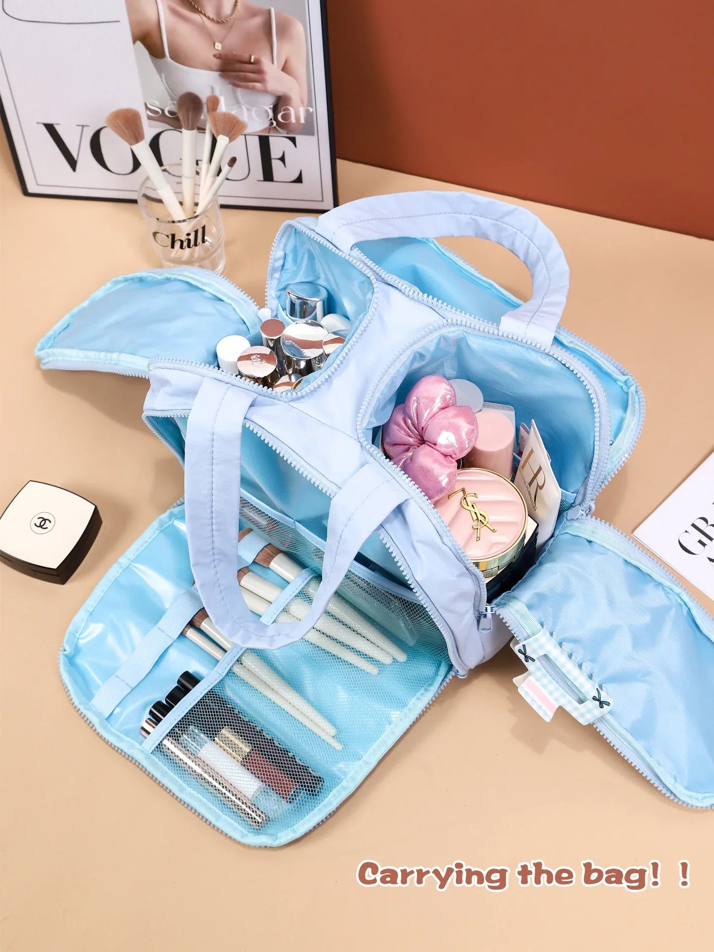 Portable Multi-Compartment Travel Toiletry & Makeup Organizer Bag with Brush Holders(Beige) - Mekamart Australia