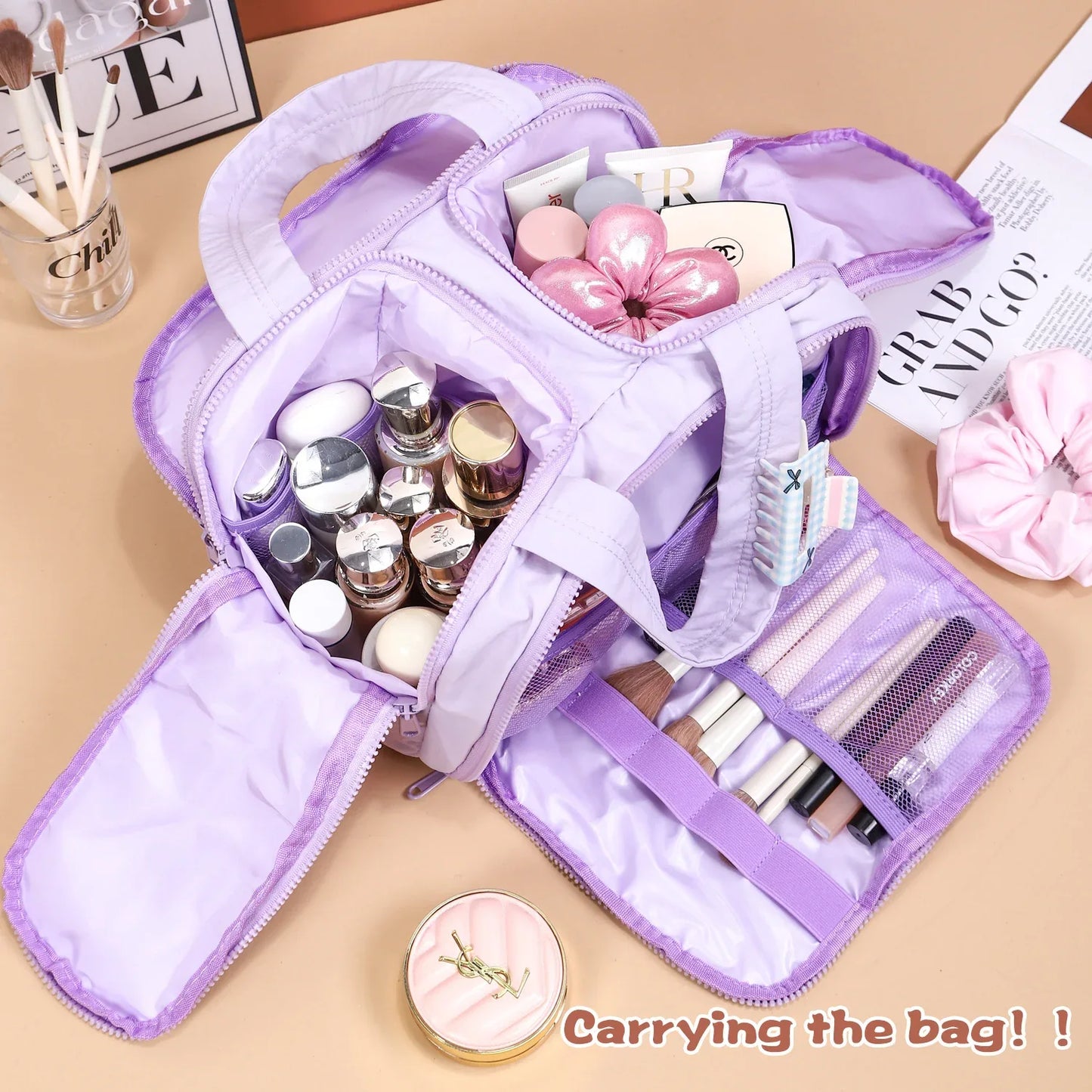 Portable Multi-Compartment Travel Toiletry & Makeup Organizer Bag with Brush Holders(Light purple) - Mekamart Australia