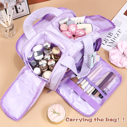 Portable Multi-Compartment Travel Toiletry & Makeup Organizer Bag with Brush Holders(Light purple) - Mekamart Australia