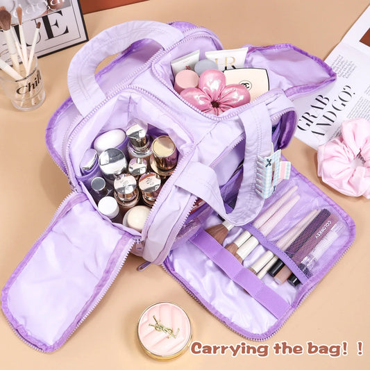 Portable Multi-Compartment Travel Toiletry & Makeup Organizer Bag with Brush Holders(Light purple) - Mekamart Australia