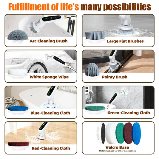 Electric Spin Scrubber with Adjustable Extension Handle & 8 Brush Heads - Smart LED Display - Mekamart Australia