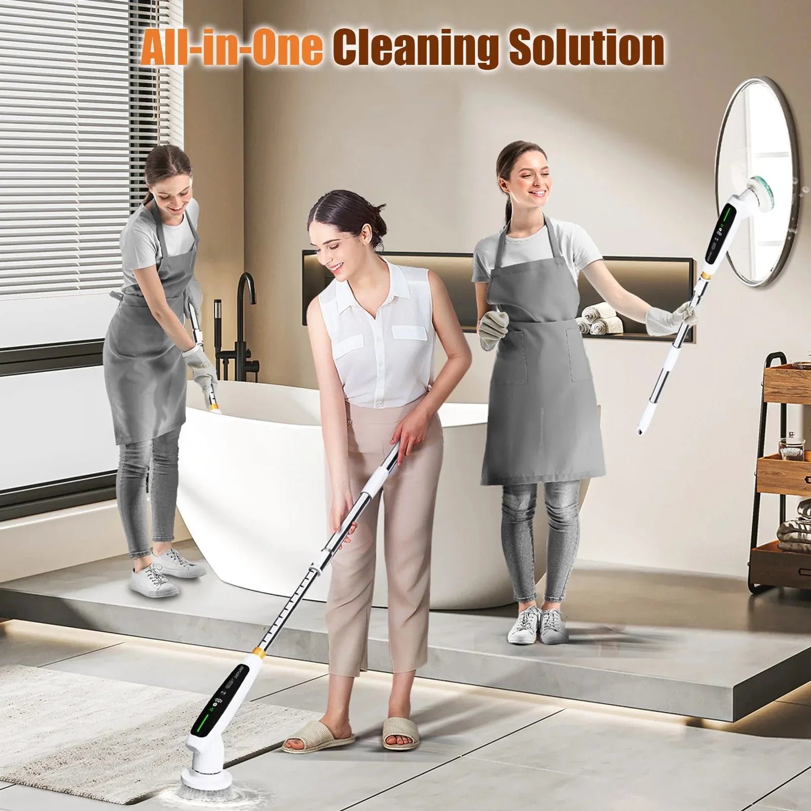 Electric Spin Scrubber with Adjustable Extension Handle & 8 Brush Heads - Smart LED Display - Mekamart Australia