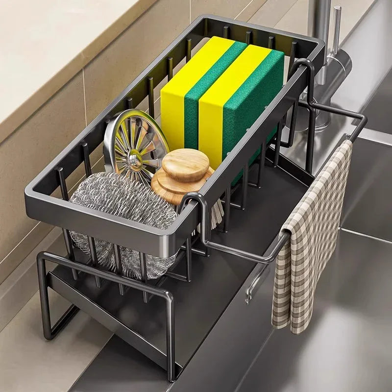 Kitchen Sink Caddy Organizer with Towel Bar & Drain Tray - Durable Metal Sponge Holder(Black) - Mekamart Australia