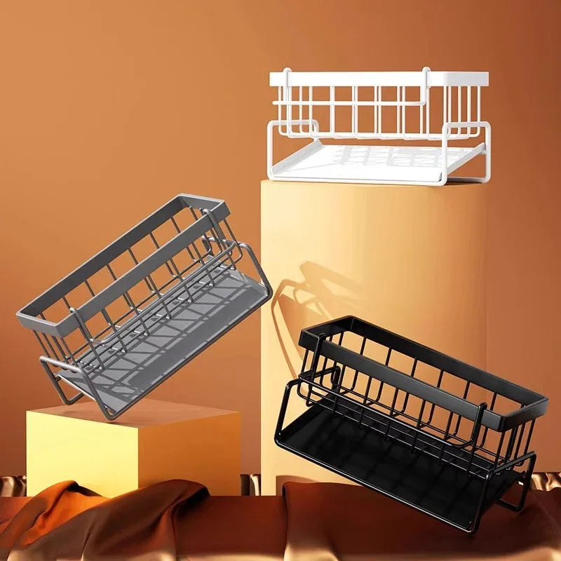 Kitchen Sink Caddy Organizer with Towel Bar & Drain Tray - Durable Metal Sponge Holder(Black) - Mekamart Australia