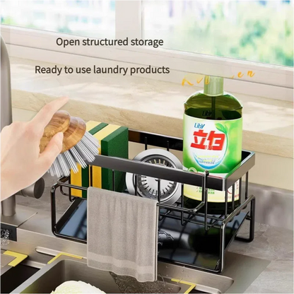 Kitchen Sink Caddy Organizer with Towel Bar & Drain Tray - Durable Metal Sponge Holder(Black) - Mekamart Australia