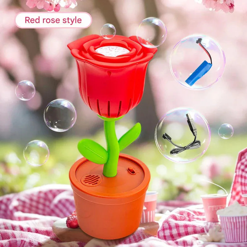 Electric Flower Bubble Machine with Music - Rechargeable, 10-Hole Output(Red) - Mekamart Australia