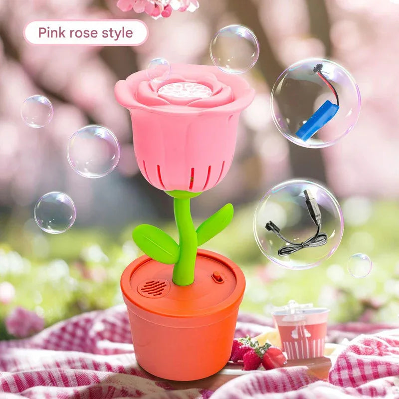 Electric Flower Bubble Machine with Music - Rechargeable, 10-Hole Output(Pink) - Mekamart Australia