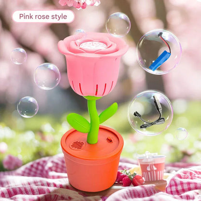 Electric Flower Bubble Machine with Music - Rechargeable, 10-Hole Output(Pink) - Mekamart Australia