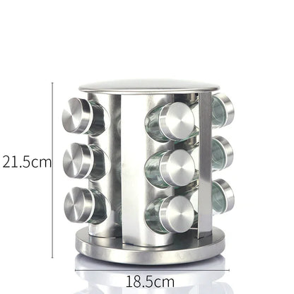 Modern stainless steel round rotating spice rack with 12 empty glass jars (88 ml each) - Mekamart Australia