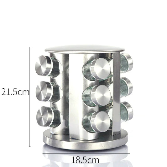 Modern stainless steel round rotating spice rack with 12 empty glass jars (88 ml each) - Mekamart Australia