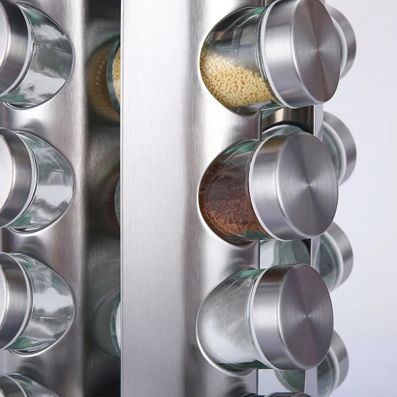 Modern stainless steel round rotating spice rack with 12 empty glass jars (88 ml each) - Mekamart Australia