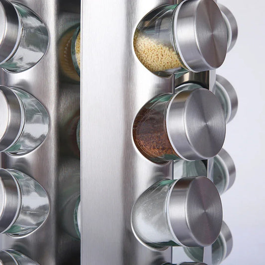 Modern stainless steel round rotating spice rack with 12 empty glass jars (88 ml each) - Mekamart Australia