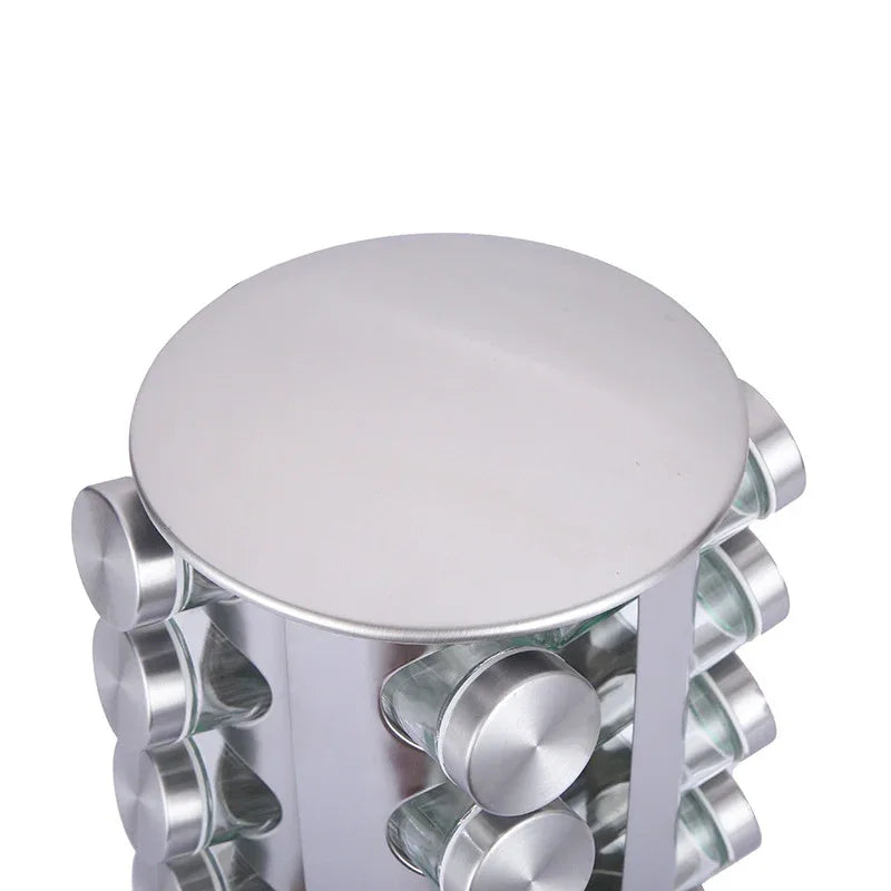 Modern stainless steel round rotating spice rack with 12 empty glass jars (88 ml each) - Mekamart Australia