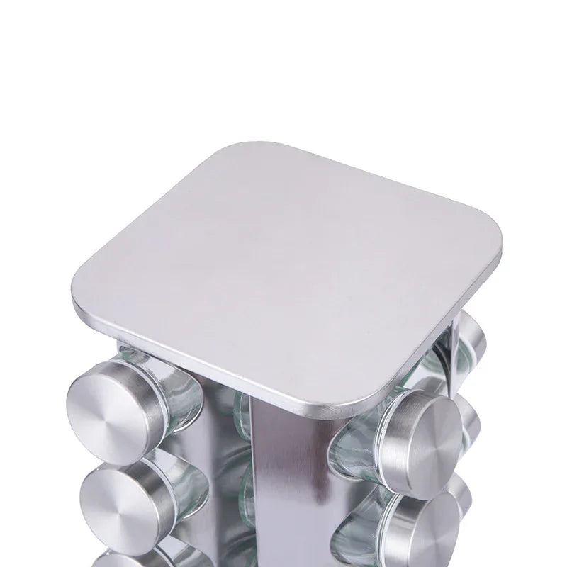 Modern stainless steel rounded corner rotating spice rack with 12 empty glass jars (88 ml each) - Mekamart Australia