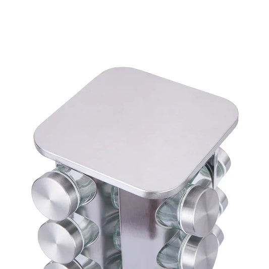 Modern stainless steel rounded corner rotating spice rack with 12 empty glass jars (88 ml each) - Mekamart Australia