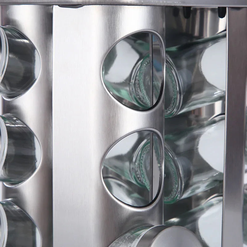 Modern stainless steel rounded corner rotating spice rack with 12 empty glass jars (88 ml each) - Mekamart Australia