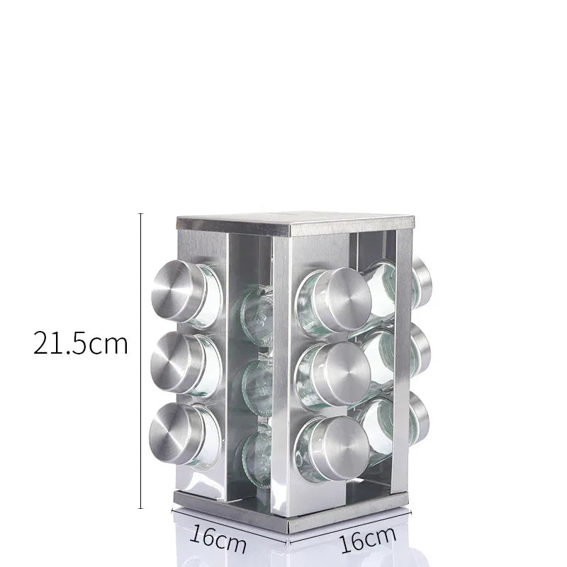 Modern stainless steel square spice revolving rack with 12 (88 ml each) empty glass jars - Mekamart Australia