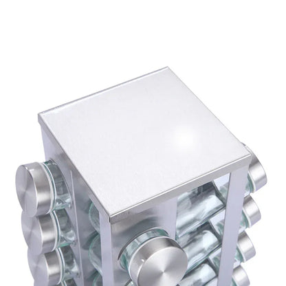 Modern stainless steel square spice revolving rack with 12 (88 ml each) empty glass jars - Mekamart Australia