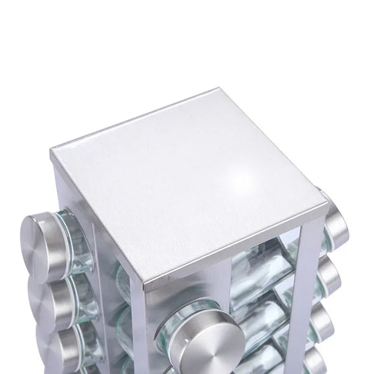 Modern stainless steel square spice revolving rack with 12 (88 ml each) empty glass jars - Mekamart Australia