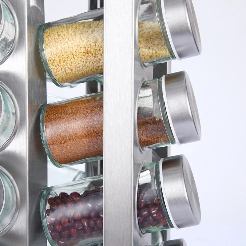 Modern stainless steel square spice revolving rack with 12 (88 ml each) empty glass jars - Mekamart Australia
