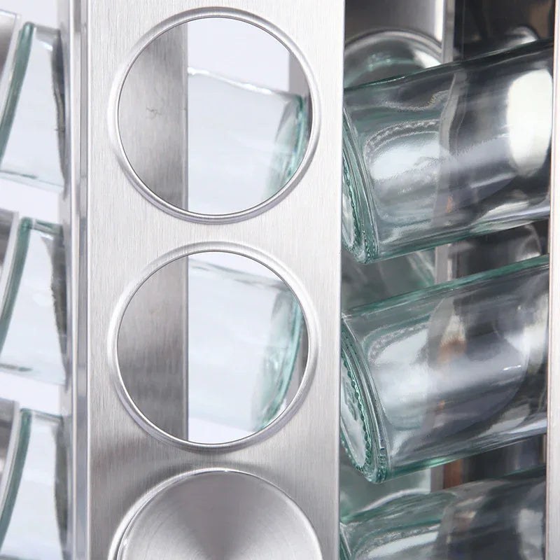 Modern stainless steel square spice revolving rack with 12 (88 ml each) empty glass jars - Mekamart Australia