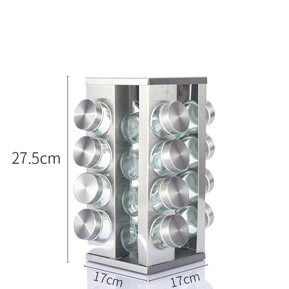 Modern stainless steel square spice revolving rack with 16 (88 ml each) empty glass jars - Mekamart Australia