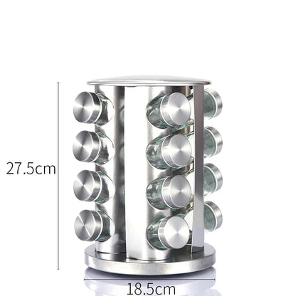 Modern stainless steel round-top rotating spice rack with 16 empty glass jars (88 ml each) - Mekamart Australia