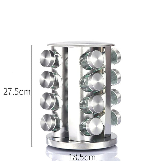 Modern stainless steel round-top rotating spice rack with 16 empty glass jars (88 ml each) - Mekamart Australia