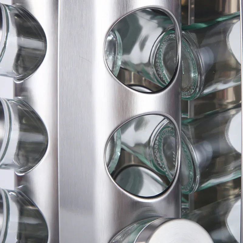 Modern stainless steel round-top rotating spice rack with 16 empty glass jars (88 ml each) - Mekamart Australia