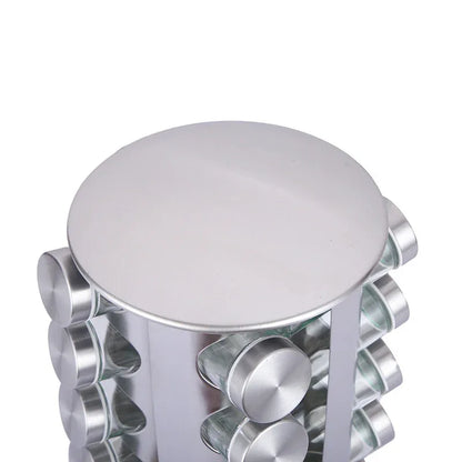 Modern stainless steel round-top rotating spice rack with 16 empty glass jars (88 ml each) - Mekamart Australia