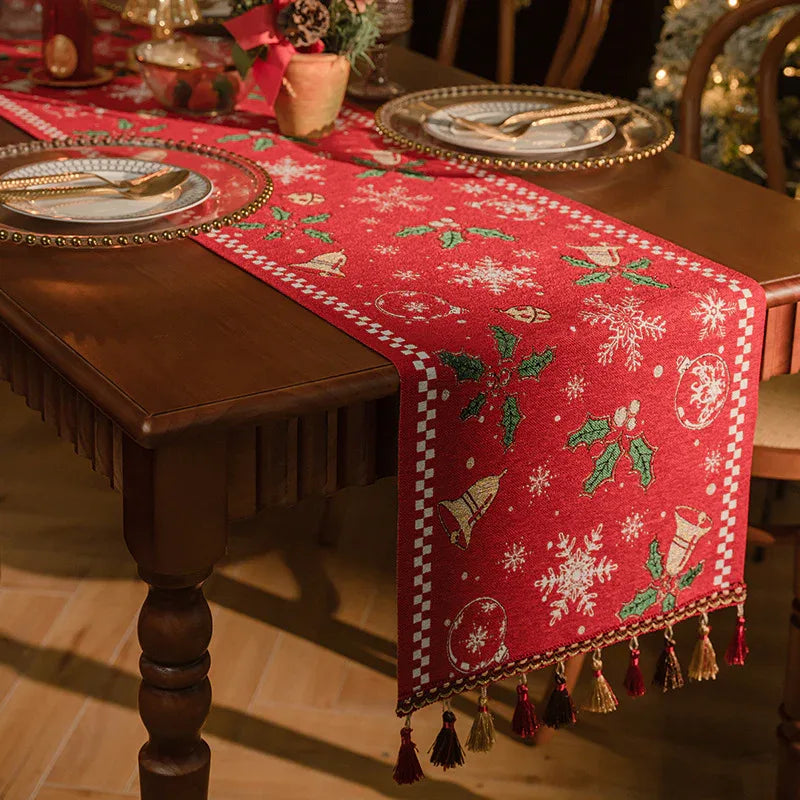 Red Christmas Table Runner with Tassels - Festive Snowflake & Bell Print (35*240cm) - Mekamart Australia