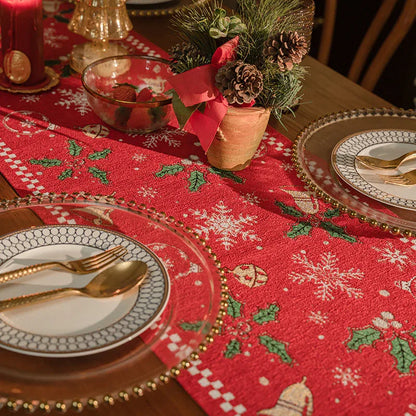 Red Christmas Table Runner with Tassels - Festive Snowflake & Bell Print (35*240cm) - Mekamart Australia