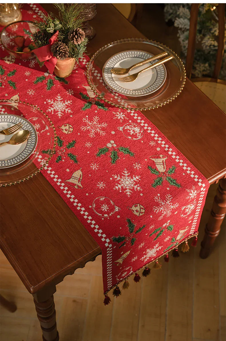 Red Christmas Table Runner with Tassels - Festive Snowflake & Bell Print (35*240cm) - Mekamart Australia