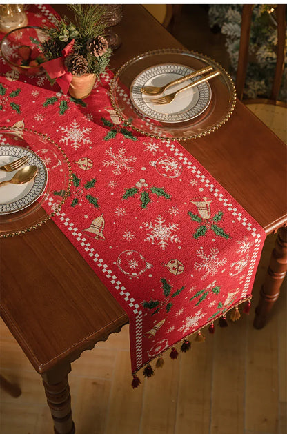 Red Christmas Table Runner with Tassels - Festive Snowflake & Bell Print (35*240cm) - Mekamart Australia