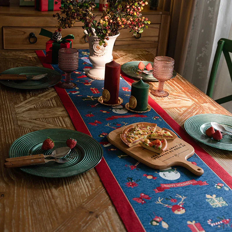 Blue Christmas Festive Table Runner - Blue with Snowman, Reindeer and Happy Holidays (35*220cm) - Mekamart Australia