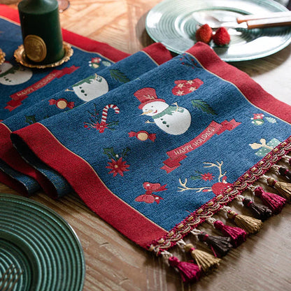 Blue Christmas Festive Table Runner - Blue with Snowman, Reindeer and Happy Holidays (35*220cm) - Mekamart Australia