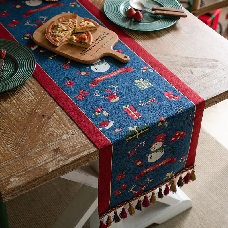 Blue Christmas Festive Table Runner - Blue with Snowman, Reindeer and Happy Holidays (35*180cm) - Mekamart Australia