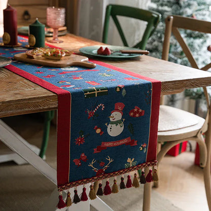 Blue Christmas Festive Table Runner - Blue with Snowman, Reindeer and Happy Holidays (35*180cm) - Mekamart Australia
