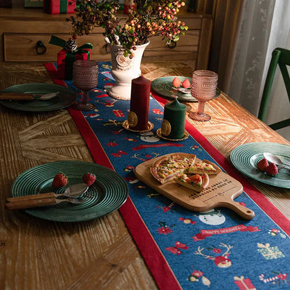 Blue Christmas Festive Table Runner - Blue with Snowman, Reindeer and Happy Holidays (35*200cm) - Mekamart Australia