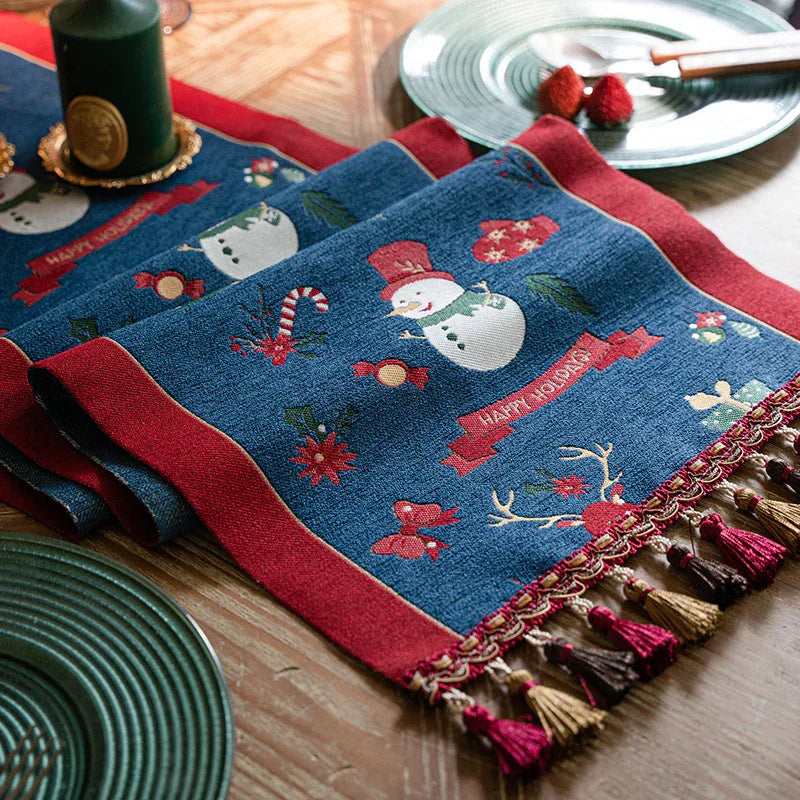 Blue Christmas Festive Table Runner - Blue with Snowman, Reindeer and Happy Holidays (35*200cm) - Mekamart Australia
