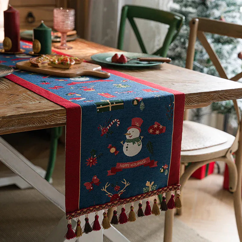 Blue Christmas Festive Table Runner - Blue with Snowman, Reindeer and Happy Holidays (35*200cm) - Mekamart Australia