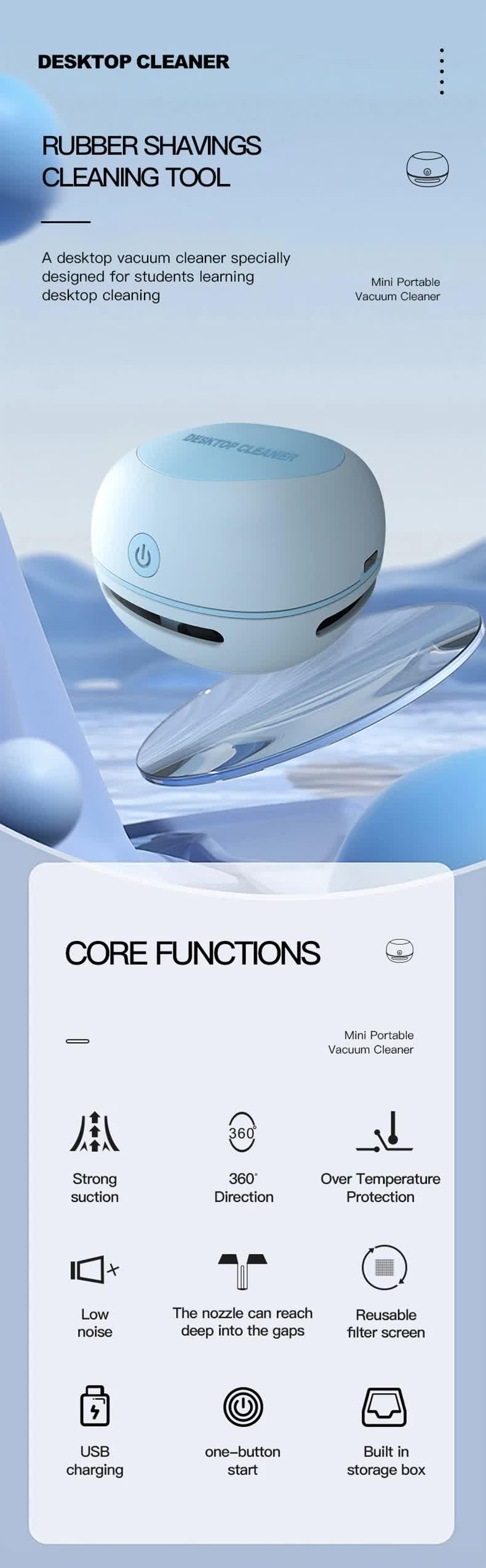 Blue Cordless Tabletop Crumb Sweeper - USB Rechargeable Mini Vacuum for Desk - Mekamart Australia