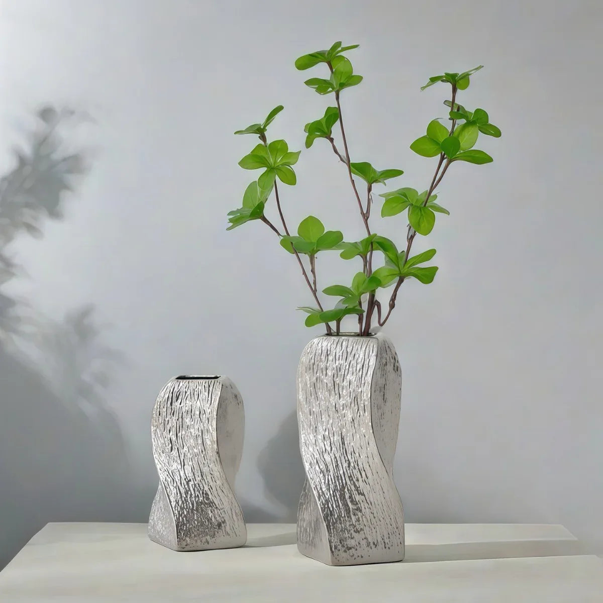 Silver Abstract Twisted Ceramic Vase - Artistic Minimalist Flower Holder for Home Decor (20x10x10cm) - Mekamart Australia