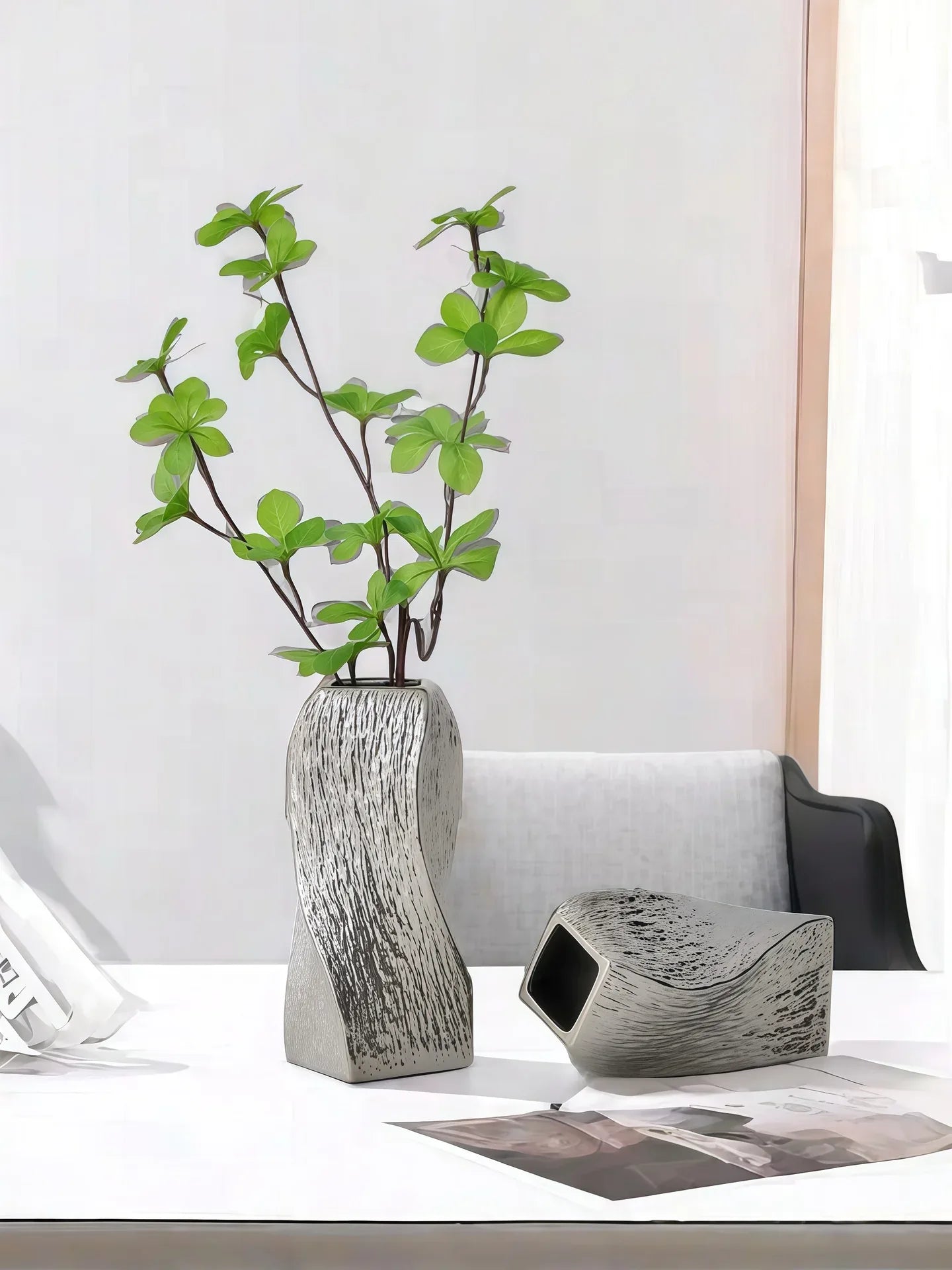 Silver Abstract Twisted Ceramic Vase - Artistic Minimalist Flower Holder for Home Decor (20x10x10cm) - Mekamart Australia